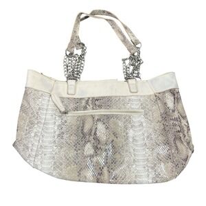 TJ Women's Snakeskin Print Tote Shoulder Bag White Gray Chain Accent Handbag